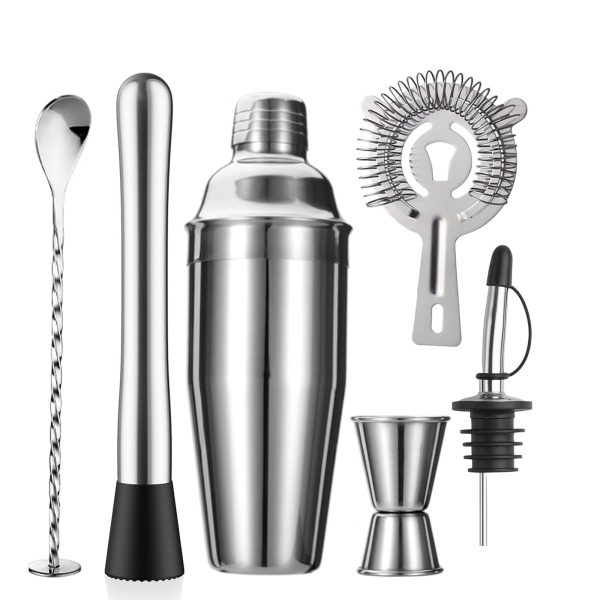 6-Piece Cocktail Shaker Set 24oz Shaker Strainer Muddler Jigger Mixing Spoon Pour Spout Bartender Kit Stainless Steel Bar Set Housewarming Gift