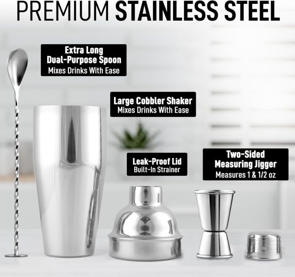 Large 24 oz Stainless Steel Cocktail Shaker Set - Mixed Drink Shaker - Martini Shaker Set with Built in Strainer, Double Sided Jigger & Combo Muddler Mixing Spoon - Pro Margarita Shaker - Image 3