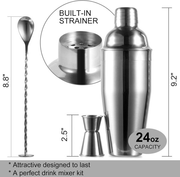 24oz Cocktail Shaker Bar Set - Professional Margarita Mixer Drink Shaker and Measuring Jigger & Mixing Spoon Set - Professional Stainless Steel Bar Tools Built-in Bartender Strainer for Martini Kit - Image 2