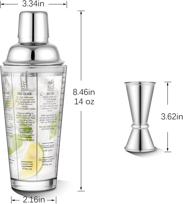 Glass Cocktail Shaker Printed with Recipes,14 oz Martini Shaker with Double Measuring Jigger,18/8 Grade Stainless Steel Mixing Shaker,Leak-Proof Lid,Drink Shaker,Bartender Kit Gifts. - Image 3