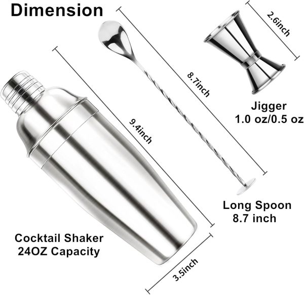 24OZ Cocktail Shaker Set - Cocktail Bar Martini Drink Shaker Set with Strainer, Stainless Steel Bartender Kit Cocktail Drink Mixer with Jigger, Mixing Spoon, Bar Accessories for Beginners - Image 2