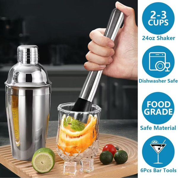 6-Piece Cocktail Shaker Set 24oz Shaker Strainer Muddler Jigger Mixing Spoon Pour Spout Bartender Kit Stainless Steel Bar Set Housewarming Gift - Image 2